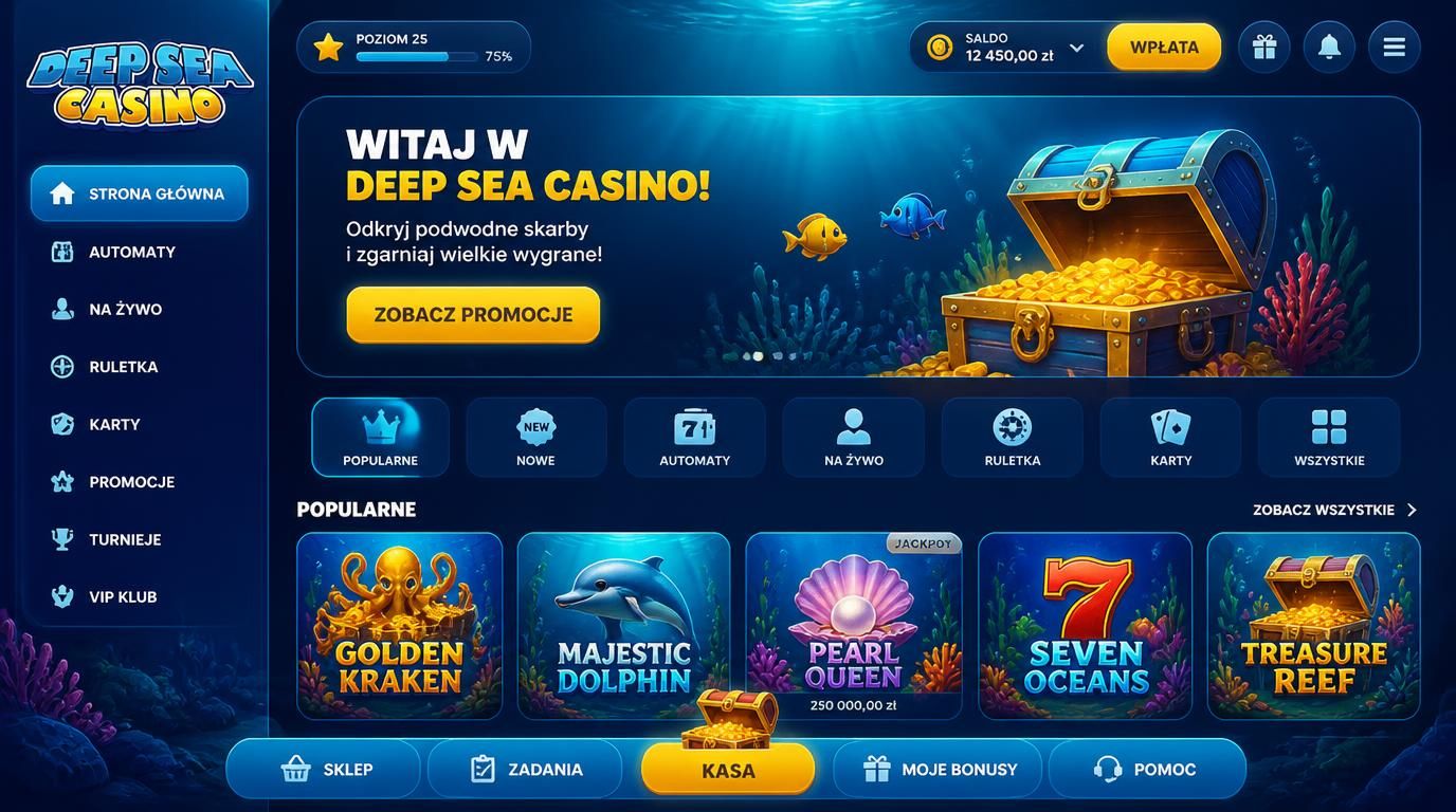 Kolorystyka interfejsu Deep Sea Casino – granaty, turkus, akcenty