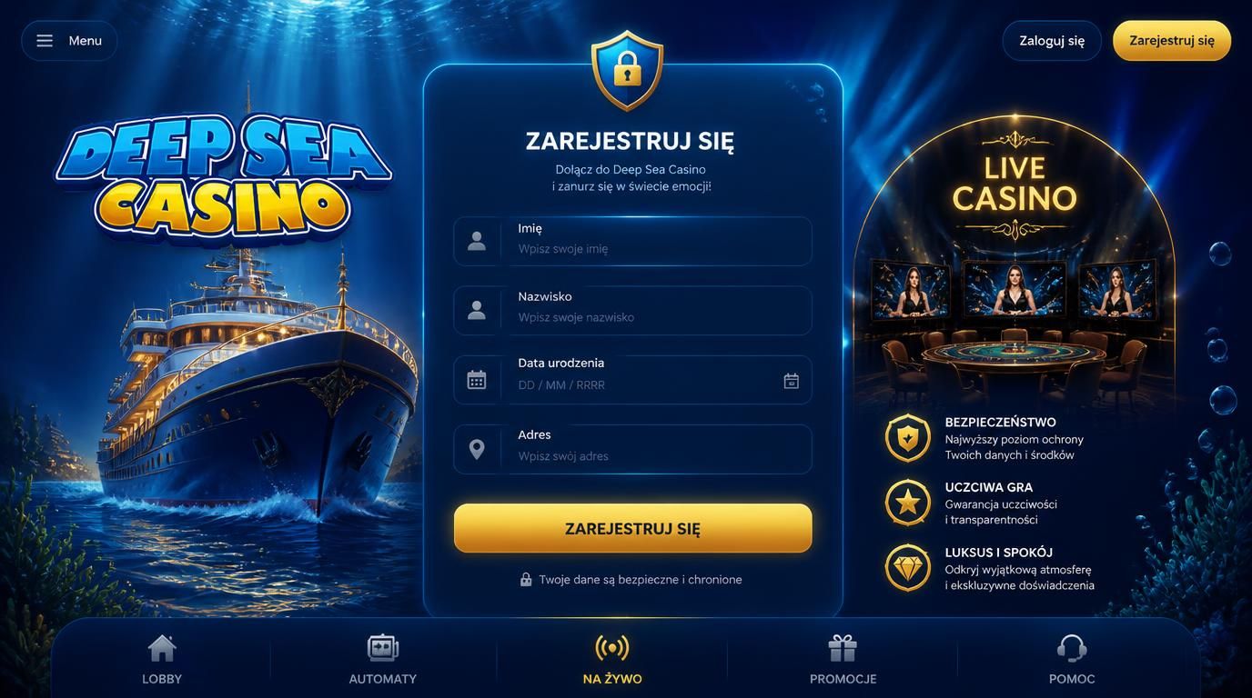 Formularz rejestracji z elementami morskimi i symbolem bezpieczeństwa – spokojna atmosfera rejestracji w Deep Sea Casino