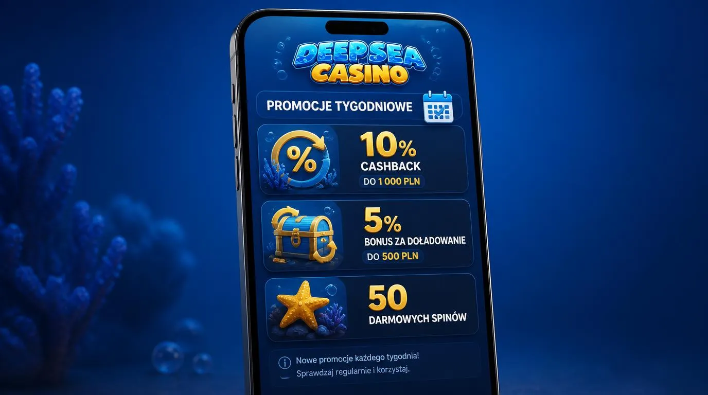 Ekran telefonu z tygodniowymi nagrodami kasyna, cashbackiem i darmowymi spinami