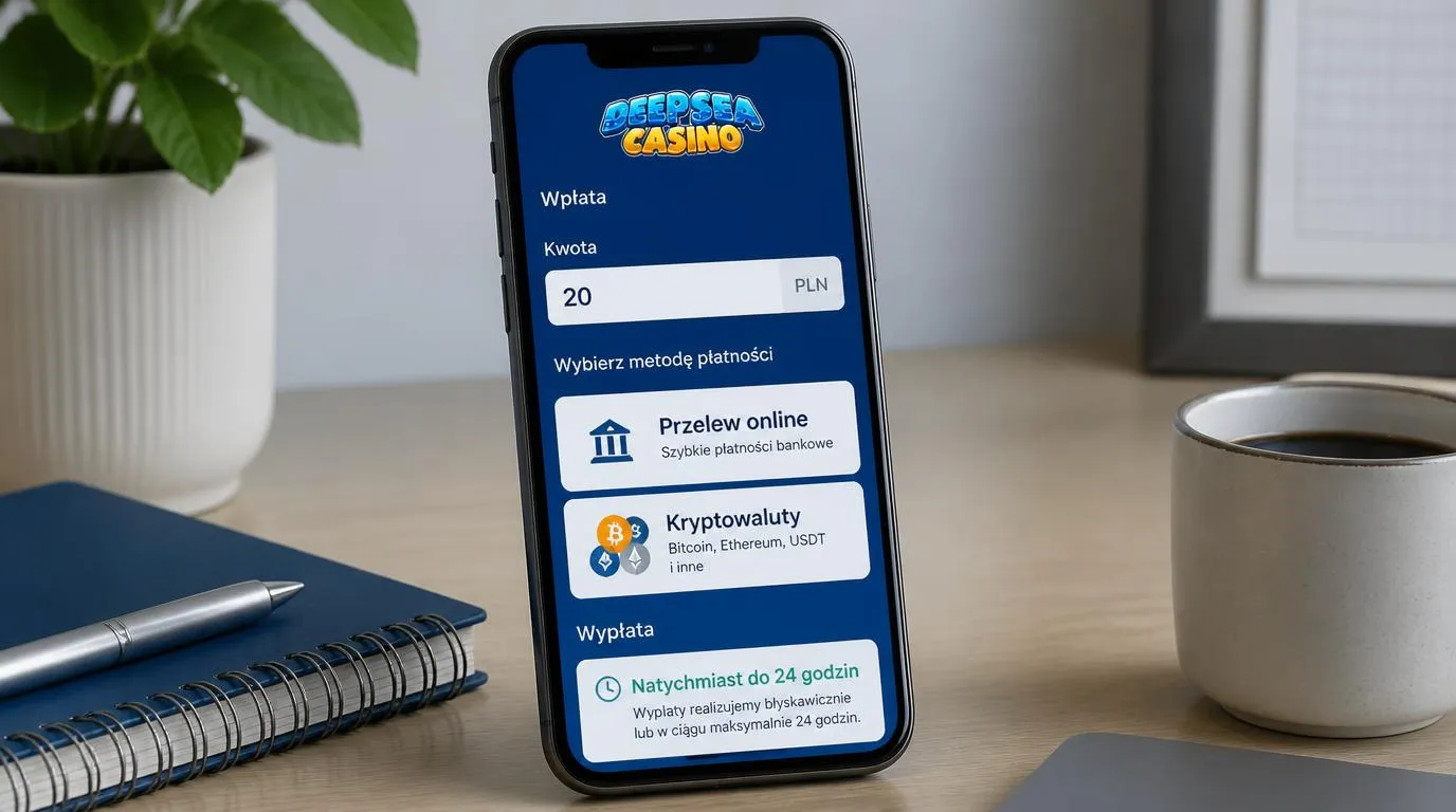 Telefon z panelem płatności pokazującym depozyt 20 PLN, metody lokalne i kryptowaluty