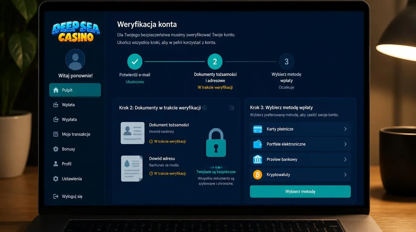 Ekran konta z etapami potwierdzenia adresu e-mail, weryfikacji dokumentów i wyboru metody wpłaty