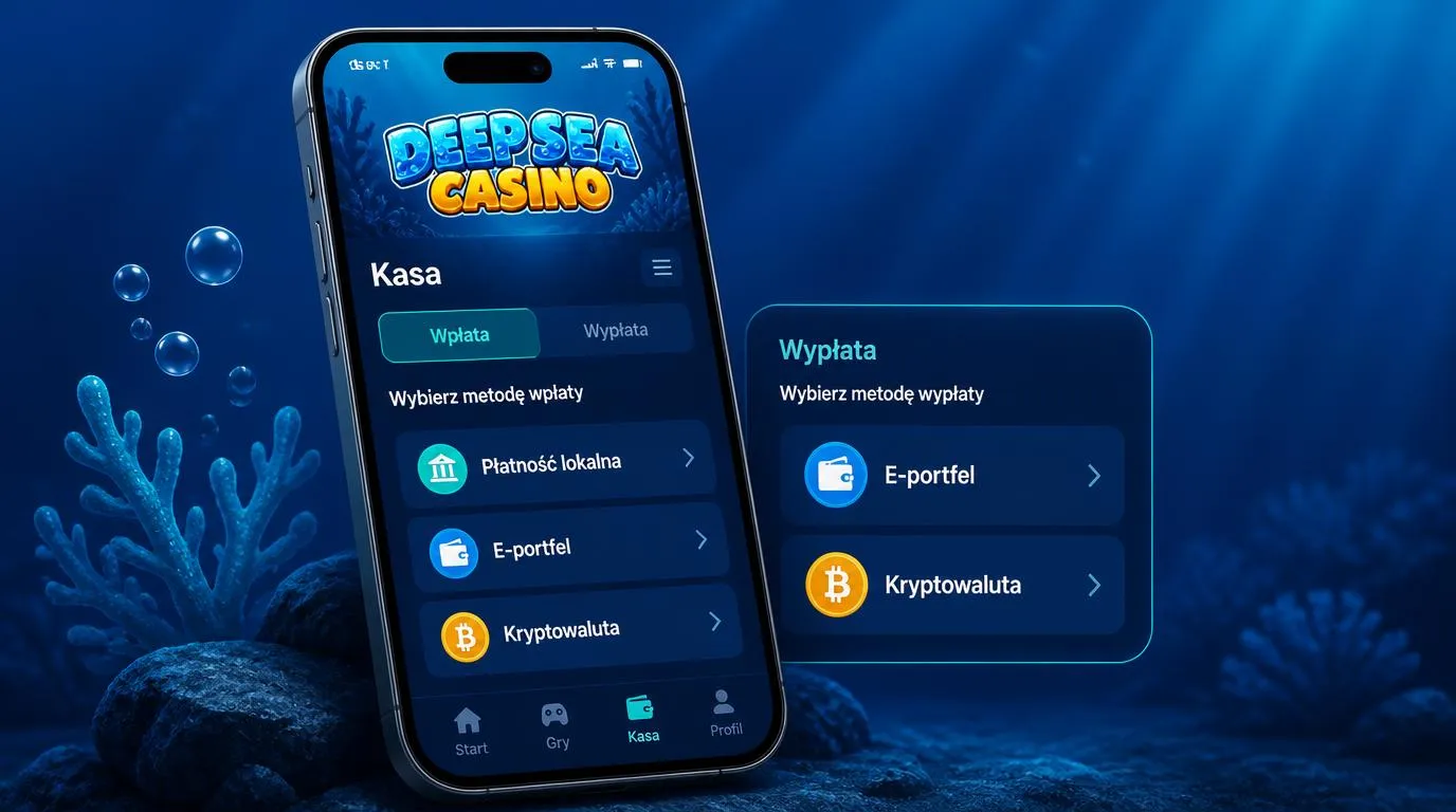 Telefon z kasą kasyna, opcjami wpłaty oraz symbolami portfela elektronicznego i kryptowalut