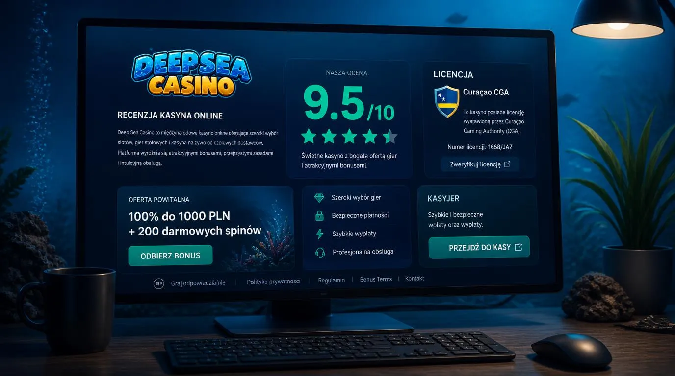 Ekran kasyna online z oceną 9,5/10, informacją o licencji Curaçao i przyciskiem przejścia do kasy