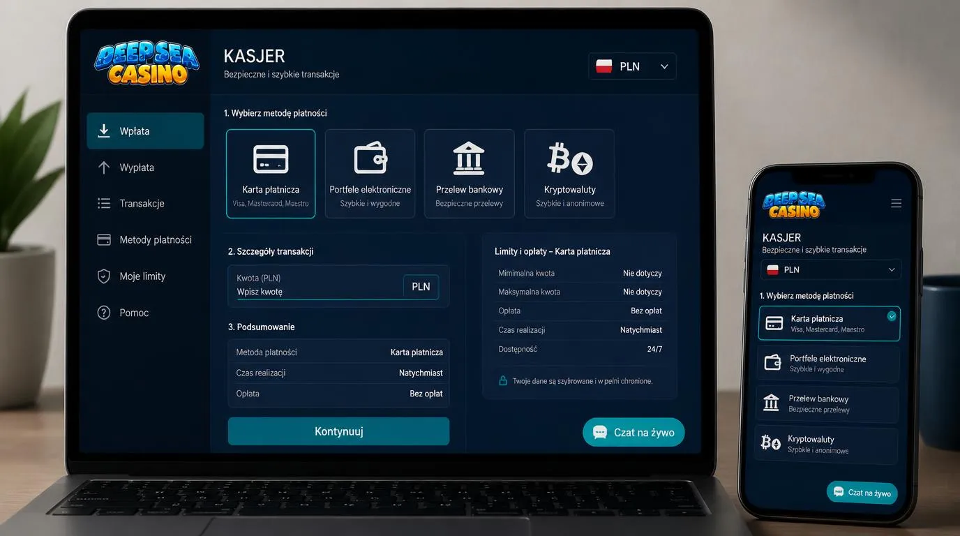 Ekran kasy kasyna z wyborem PLN, metod płatności i przyciskiem czatu na żywo
